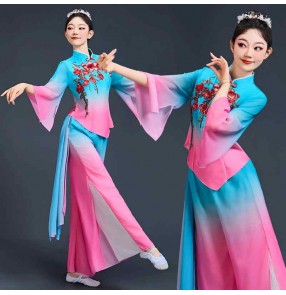 Women blue pink chinese folk dance costumes classical traditional yangge umbrella fan performance dresses hanfu for female